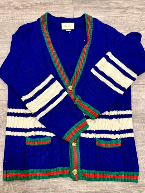Gucci Jackets & Blazers - Authentic Gucci Blue Knit Cardigan with Green-Red Trim